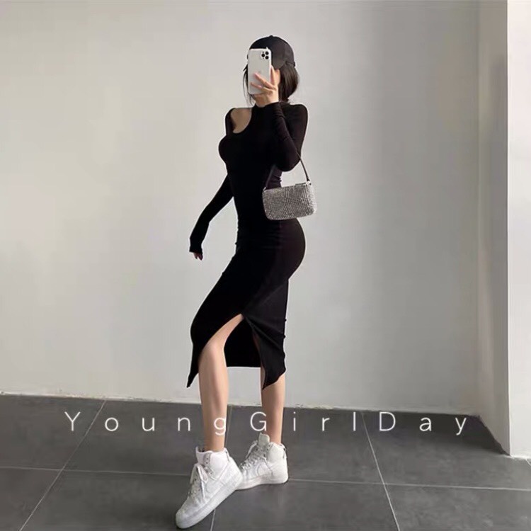 [ SIÊU CHECKCHI ] VÁY BODY KHOÉT VAI NỮ, VÁY LEN DÀI TAY ÔM SÁT CỰC PHONG CÁCH (TL4)