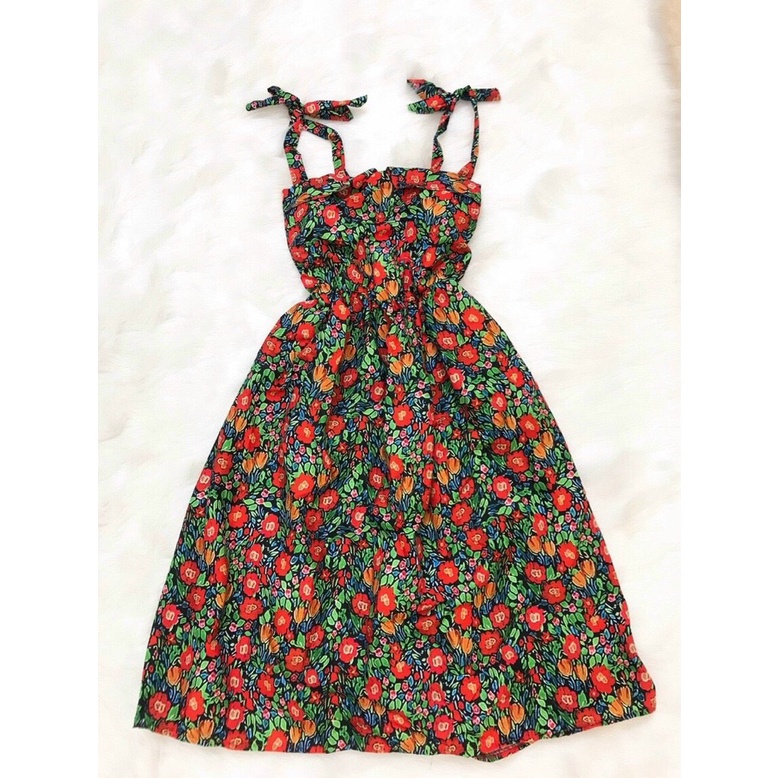 Đầm họa tiết phối hoa 2 dây buộc nơ có chun eo vải thoáng mát cho các tình yêu đi dạo phố