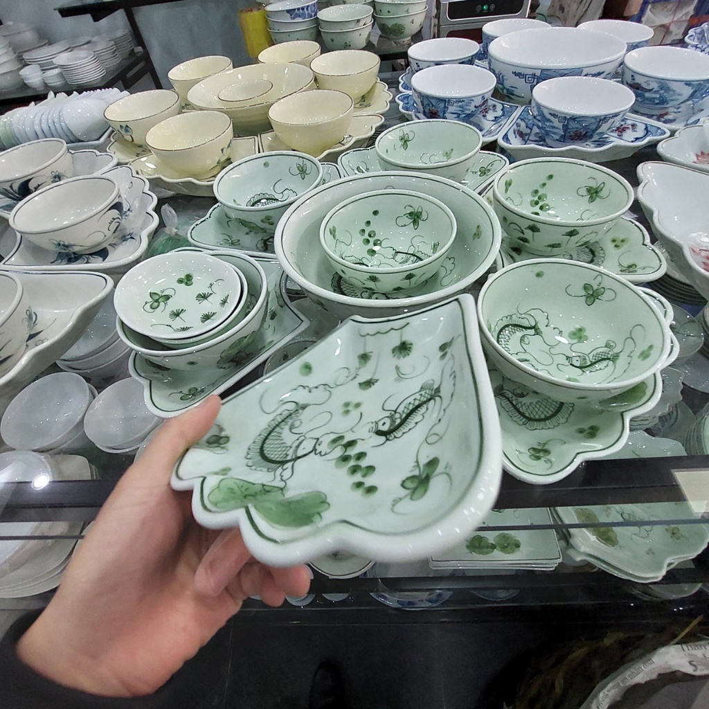 Bộ bát đĩa hoa mặt trời men kem xanh hoa văn cá chép, Hàng gốm sứ Bát Tràng chính hãng, Bộ -15 món