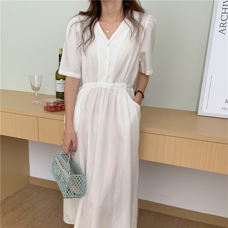 SUXI Đầm Midi Cổ Chữ V Màu Sắc Đơn Giản Phong Cách Hàn Quốc Cổ Điển Thời Trang Cho Nữ