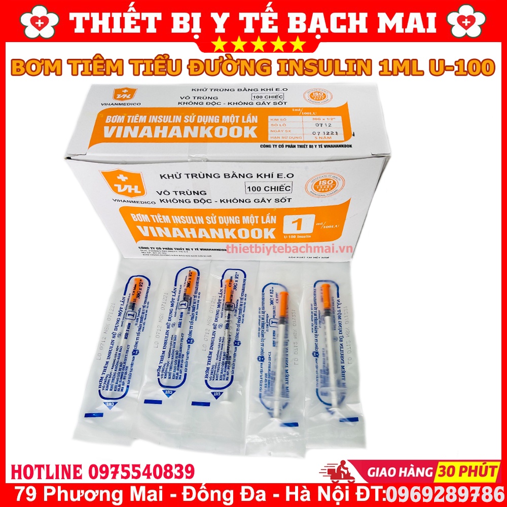 Kim Tiêm Tiểu Đường Insulin, Bơm Tiêm Thẩm Mỹ U100 1ml VINAHANKOOK [Hộp 100 Cái]