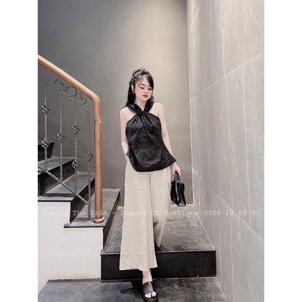 SN58 - SET BỘ LỤA ÁO ĐEN CỔ YẾM CHÉO QUẦN SUÔNG BE