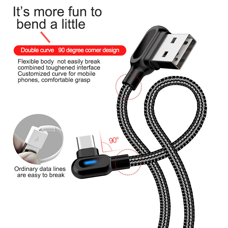 KAXOE 90 Degree with Led Light Fast Charging Android Micro USB Type C USB Charger Cable