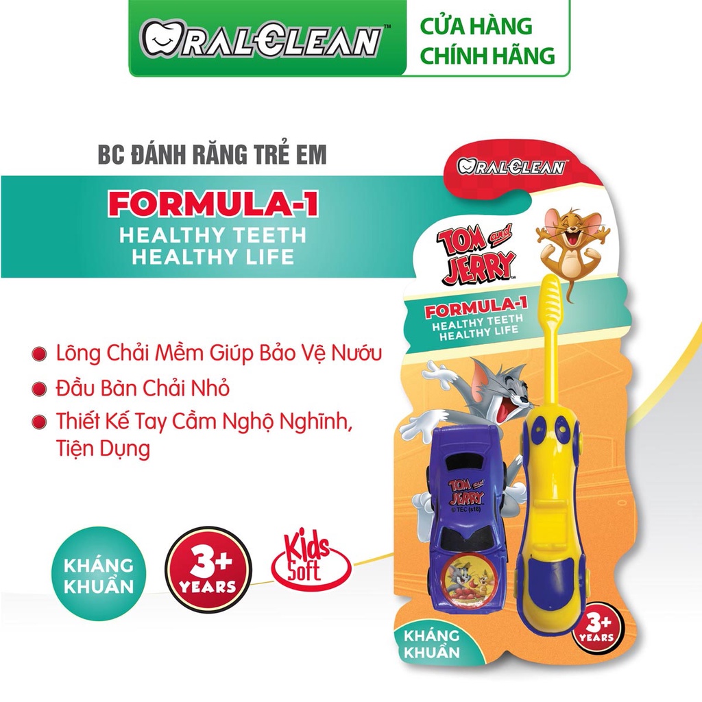 Bàn chải đánh răng trẻ em OralClean Tom&amp;Jerry Formula-1 Kids Soft (Tặng kèm xe hơi đồ chơi)