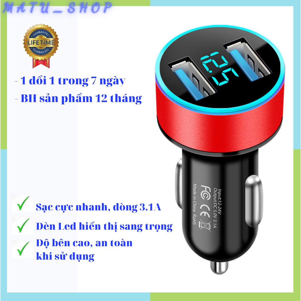 Tẩu Sạc nhanh Ô Tô sạc oto xe hơi 2 cổng USB có đèn Led hiển thị