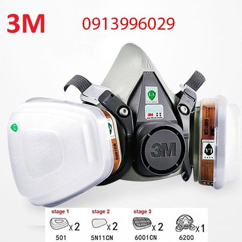 Bộ Mặt Nạ 3M 6200 gồm thân 6200+2 phin lọc 6001CN+2 bông lọc+2 cặp giữ nắp