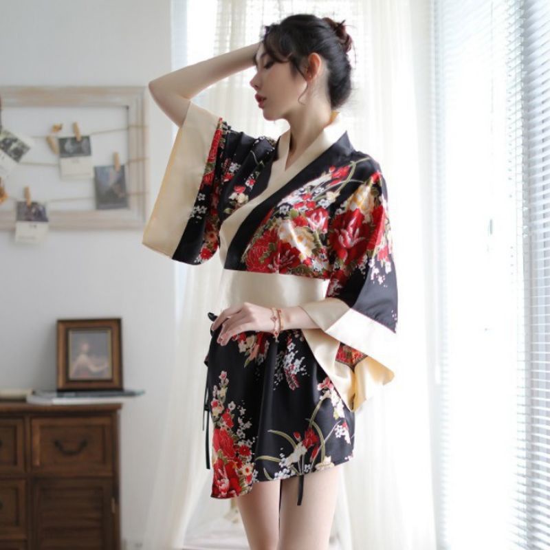 Áo choàng ngủ hóa trang kimono - cosplay sexy phong cách geisa Nhật Bản màu đen