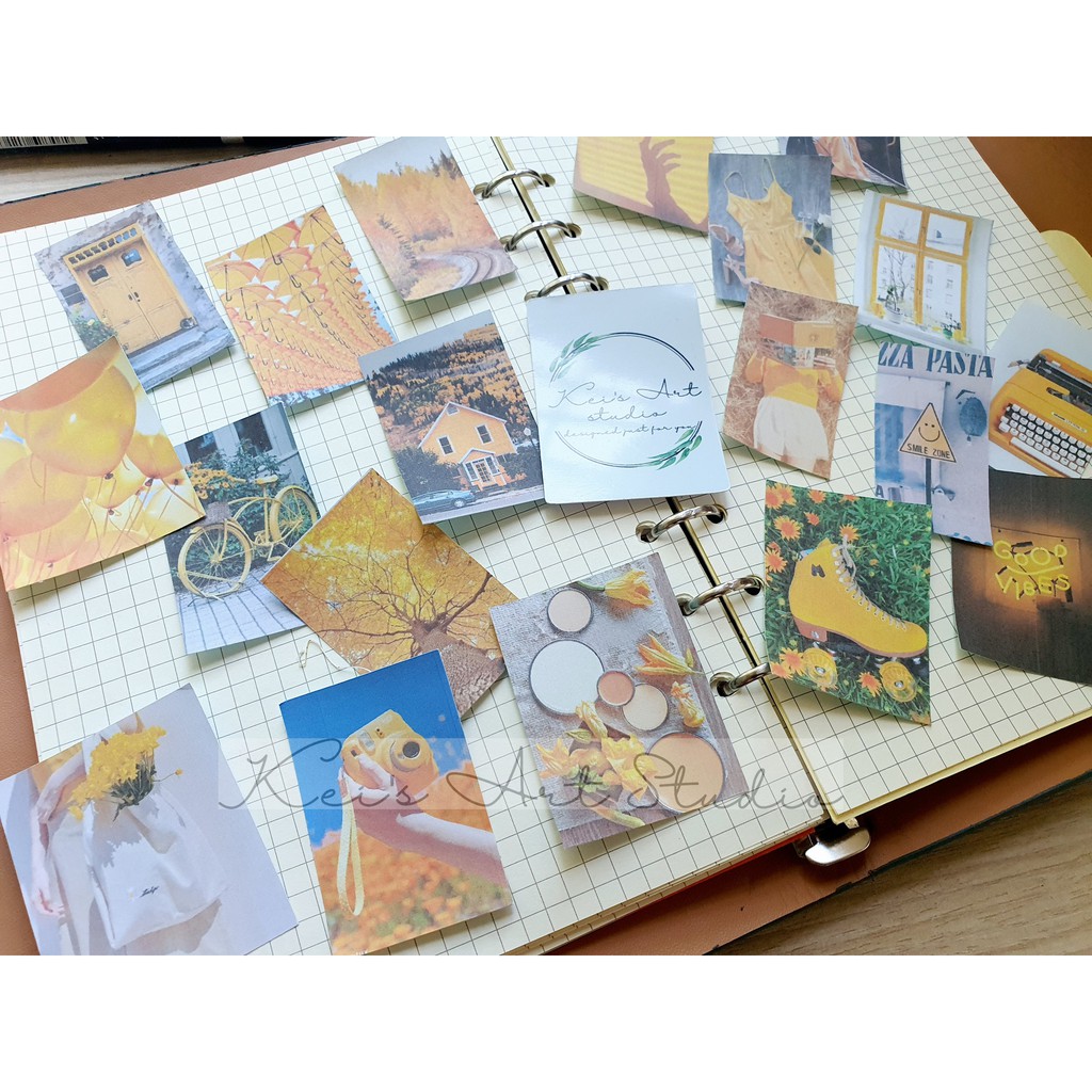 Bộ 20 sticker hình ảnh - postcard chủ đề MÀU VÀNG, vintage, dễ thương, xinh xắn trang trí sổ, bullet journal