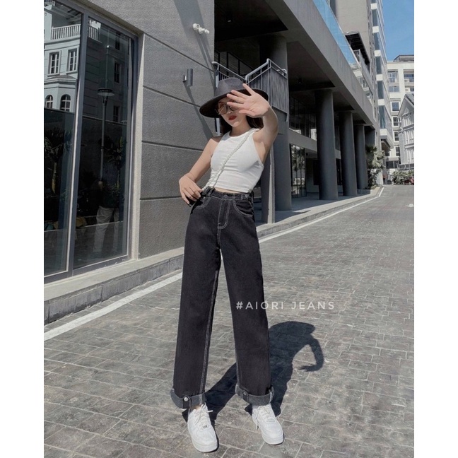 Quần Jeans Nữ AIORI Ống Rộng Lưng Cao Màu Đen Chỉ Nổi Lai Cuốn Kiểu Quần Bò Suông Trơn Phong Cách Thời Trang_Mã S3415