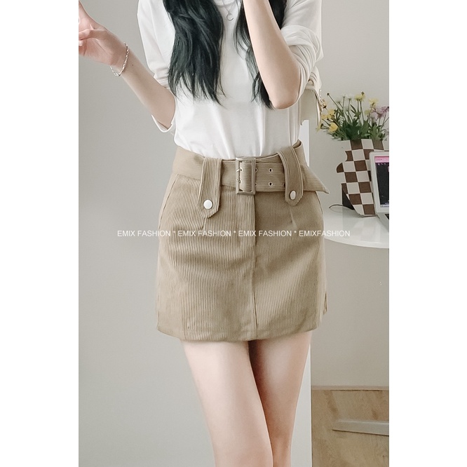 Chân váy mini chữ A EMIX, chất nhung kèm đai, cạp cao, ôm, có lót trong 891