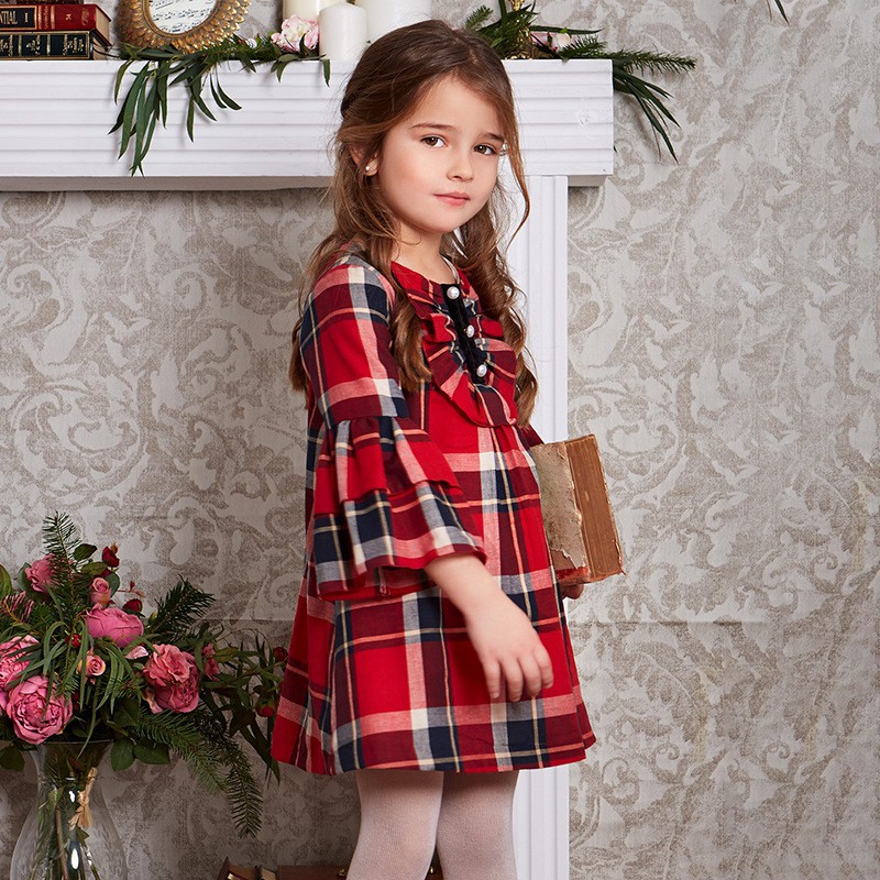 Váy kẻ đỏ cho bé gái từ 2-7 tuổi kiểu Little maven
