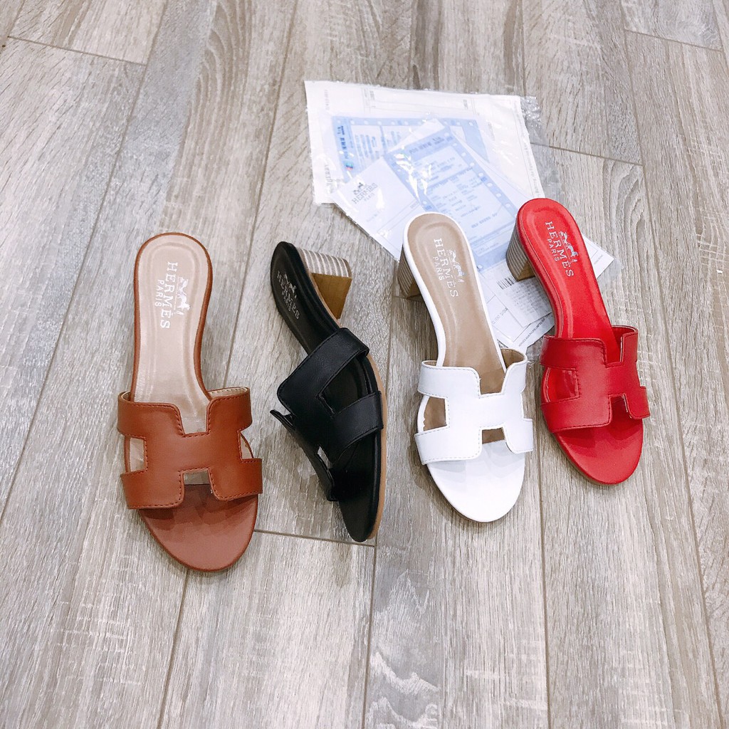 Guốc H gót gỗ 3p da đẹp Full box