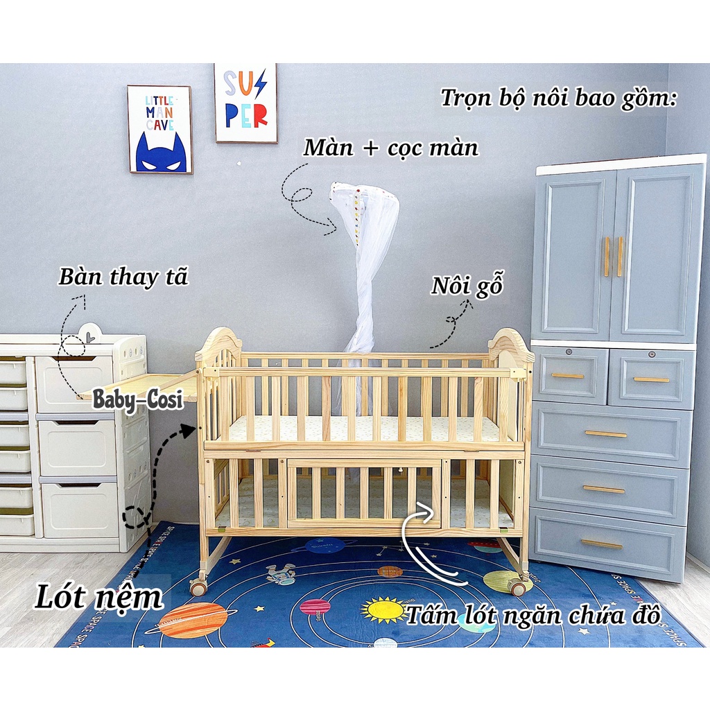 Nôi cũi gỗ đa năng cho bé 6in1 Baby Cosi - Tặng quà phụ kiện kèm theo | Cũi gỗ cho bé sơ sinh