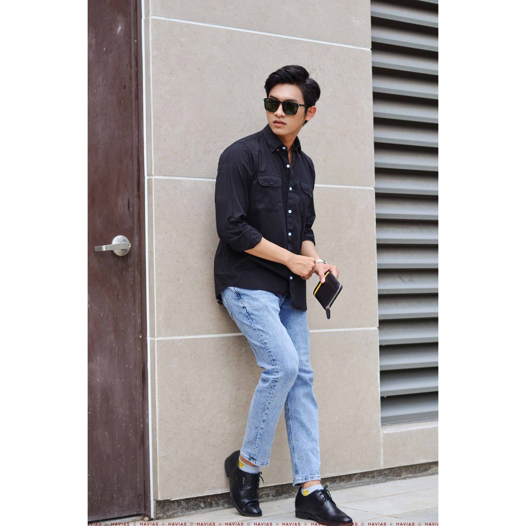 Sơ mi nam tay dài Havias có 2 túi màu đen vải Cotton 100% cao cấp