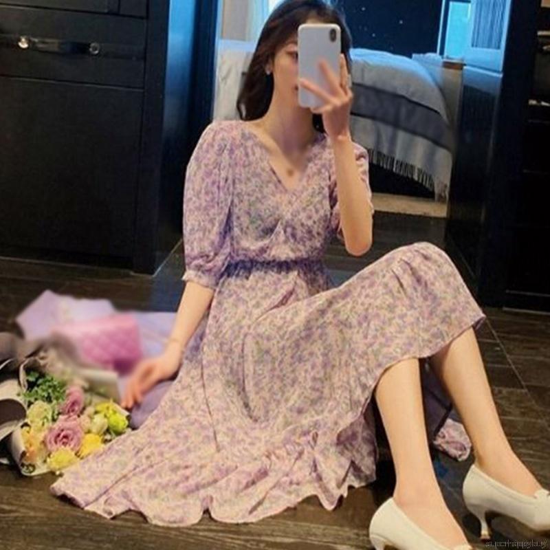 Đầm maxi tay ngắn hoạ tiết hoa thiết kế cổ chữ V thời trang nữ tính