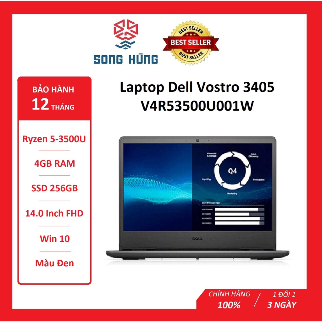 Laptop Dell V3405 V4R53500U001W-  Ryzen 5 3500U/4GB/256GB/14&quot; FHD/Win 10- Màu đen - BẢO HÀNH 12 THÁNG