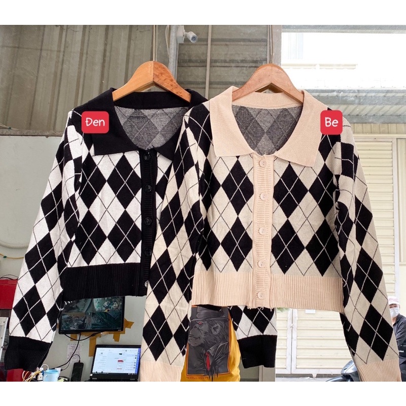 Áo len hoạ tiết trám dài tay - áo len hoan tiết croptop