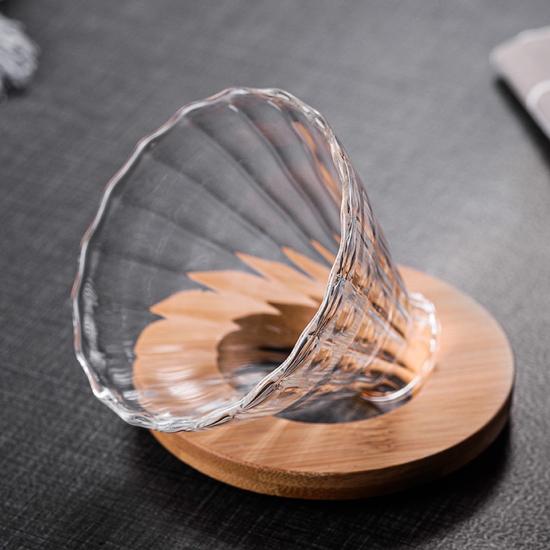 Bộ Bình và Phễu Thủy Tinh Pha Cà Phê Bằng Giấy Lọc, Giá Đỡ Phễu Bằng Gỗ Tròn, Dung Tích 300ML-600ML