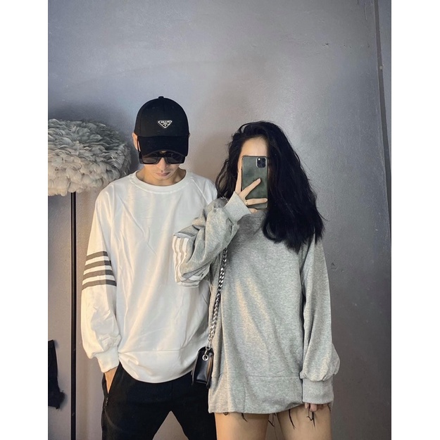 [Ảnh Thật] Áo Thun Nỉ Da Cá Dài Tay Unisex 1 Bên Tay Kẻ 2 Màu Xám/Trắng | BigBuy360 - bigbuy360.vn