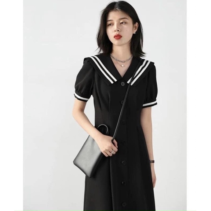 Đầm váy midi đen cổ thuỷ thủ viền trắng váy thu đông đi làm đi dạo phố