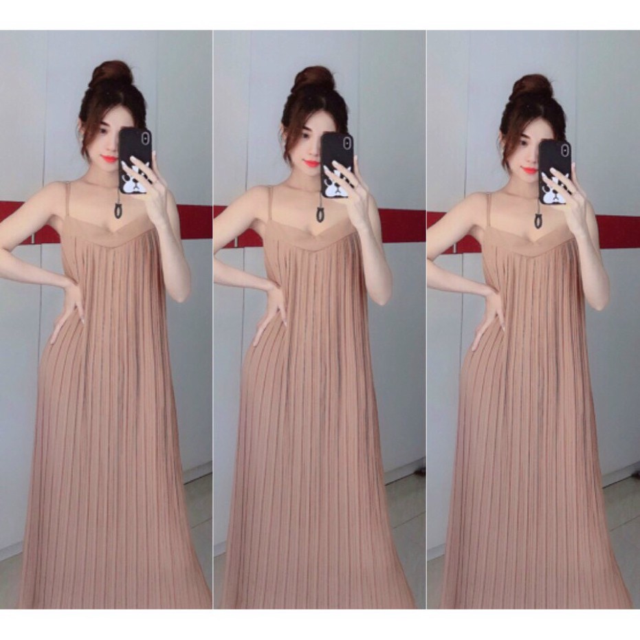 Đầm maxi dập ly hai dây dáng dài + Ảnh thật