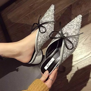 Giày mules đính đá mũi nhọn gót 4cm