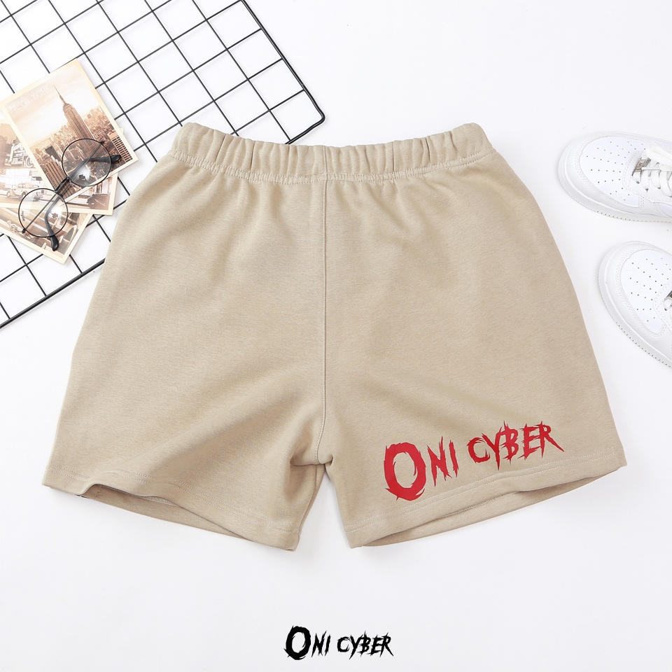 Quần đùi ống rộng hiphop ONI CYBER chất đẹp, quần short nỉ Unisex nam nữ bassic 2 màu đen và màu be in logo QONI03 | BigBuy360 - bigbuy360.vn