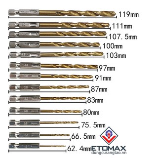 Bộ 13 mũi khoan HSS phủ titanium trục lục giác