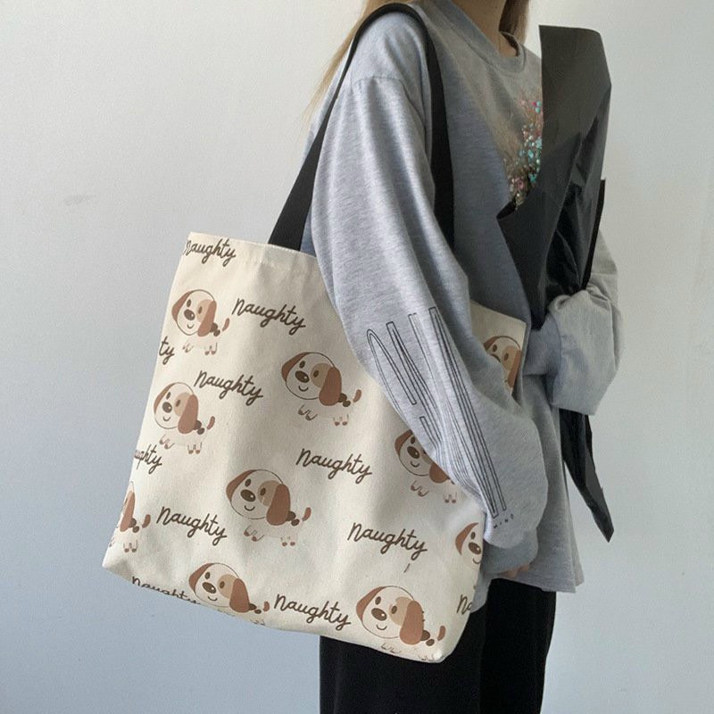 Túi tote vải canvas mềm đẹp họa tiết Con Cún nâu độc đáo dễ thương