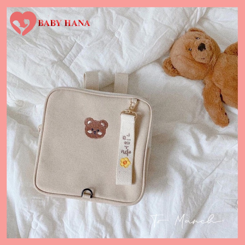 Balo Đi Học, Đi Du Lịch Chống Thất Lạc Cho Bé Thêu Gấu Phong Cách Hàn Quốc Chất Liệu Vải Canvas Cao Cấp