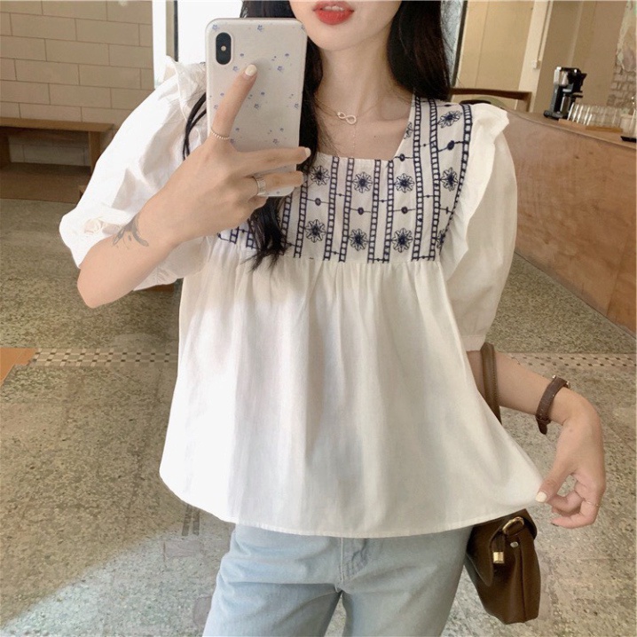 Áo babydoll tiểu thư thêu hoạ tiết kaca NH000101 hihishophaha