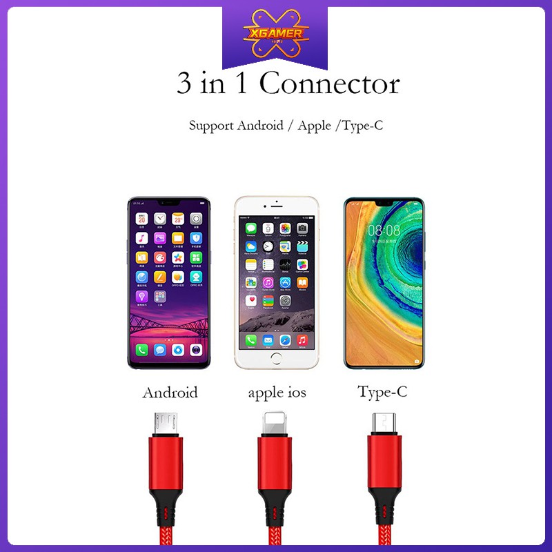 [Ready Stock] XGamer Three In One Data Cable Weaving 1.2M USB Super Fast Charge For Apple IPhone Type C Android