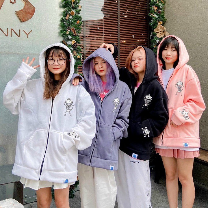 Áo Hoodie ZIP kéo Nỉ Bông KHÚC XƯƠNG Varsity Form Rộng Unisex Nam Nữ Ulzzang