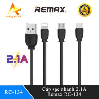 Cáp sạc nhanh Remax RC-134 cổng Lightning, MicroUSB, TypeC Dài 1M, Max 5V-2.1A