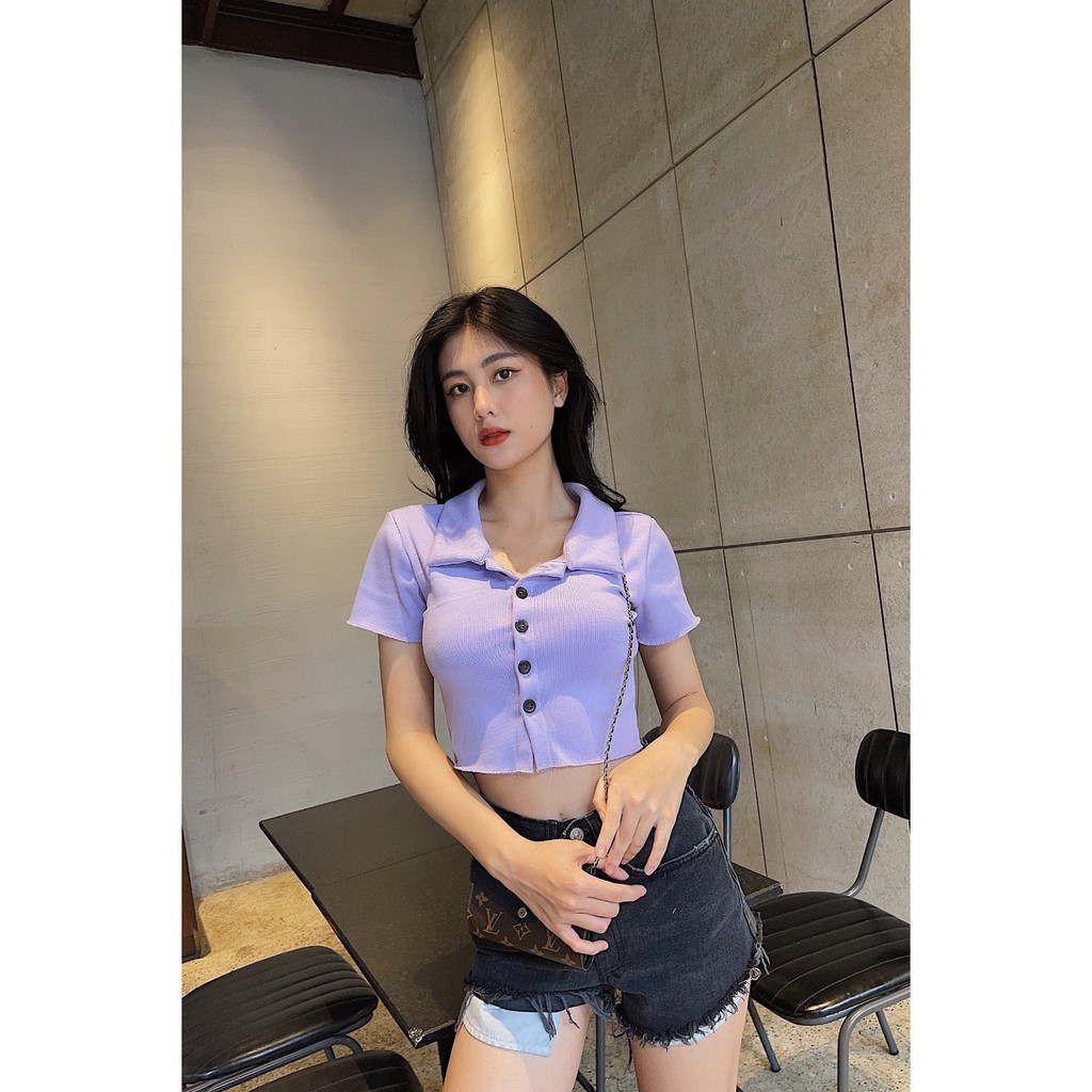Áo croptop nữ tay ngắn HHVINTAGE kiểu polo nút cài Top A20