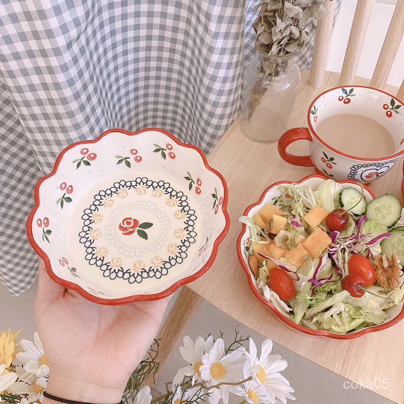 Stunner Girls*Vintage Pastoral Style Ceramic Bowl Salad Bowl Lace Japanese Ceramic Plate Red Cherry Coffee Cup