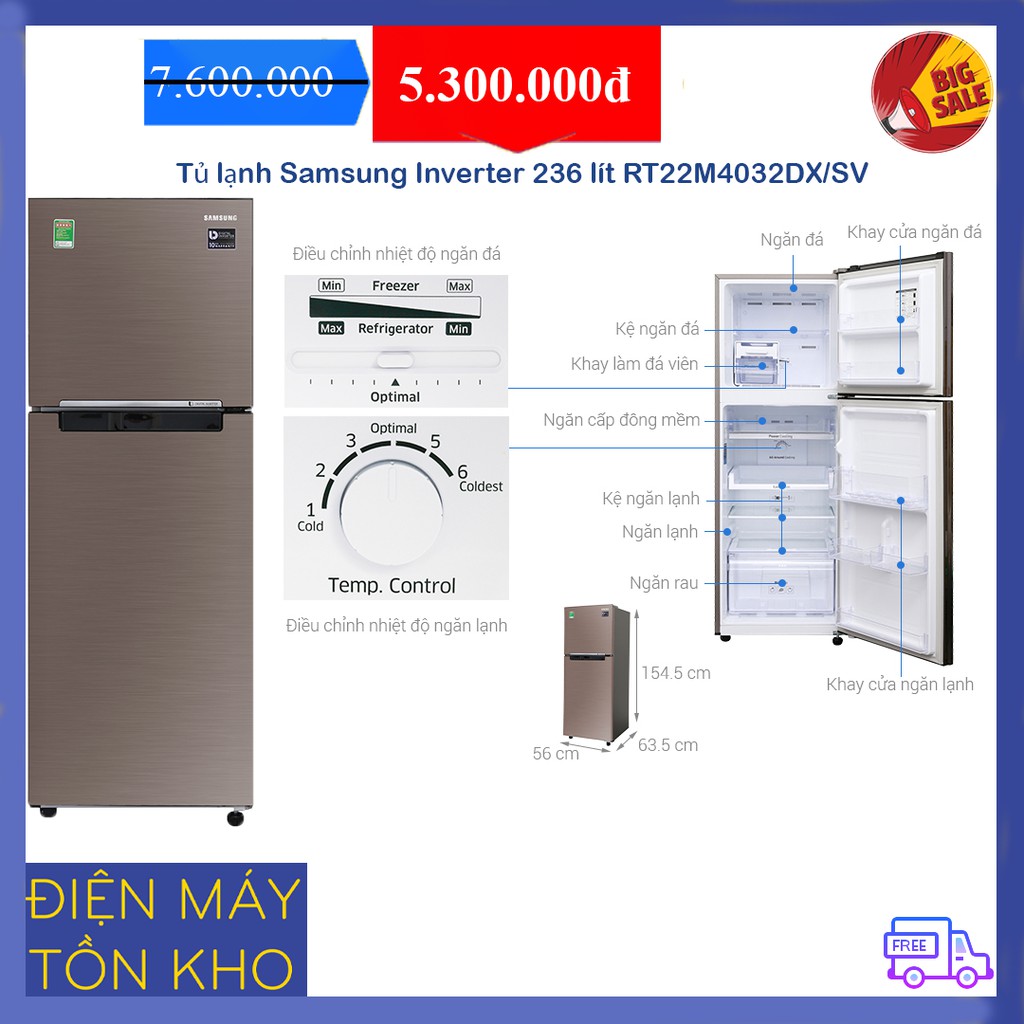 Tủ lạnh Samsung Inverter 236 lít RT22M4032DX/SV