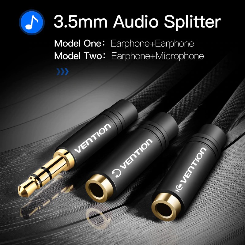 Dây cáp aux Vention chia một đầu cắm thành hai cổng 3.5mm cho tai nghe/micro