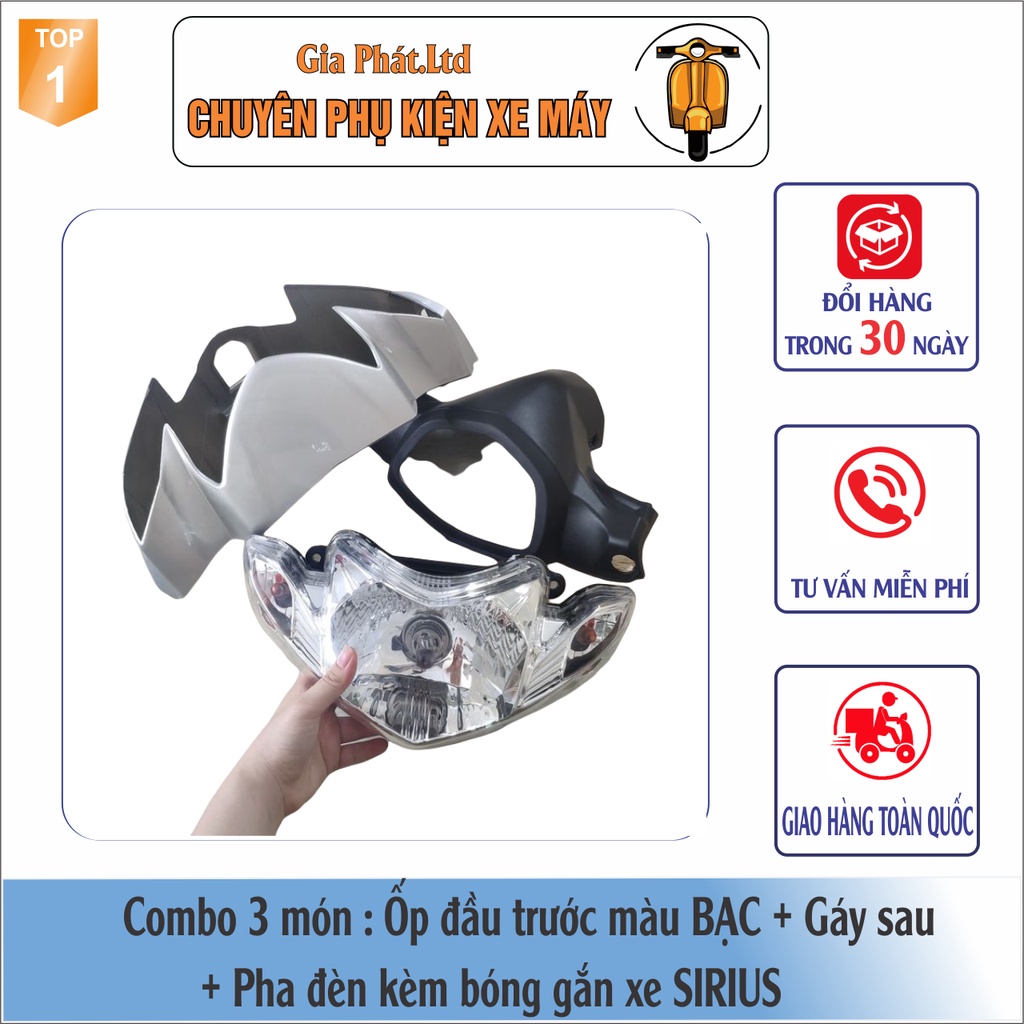 Bộ ốp đầu màu BẠC gắn xe SIRIUS đầy đủ Ốp đầu trước, Gáy sau và Pha đèn kèm bóng