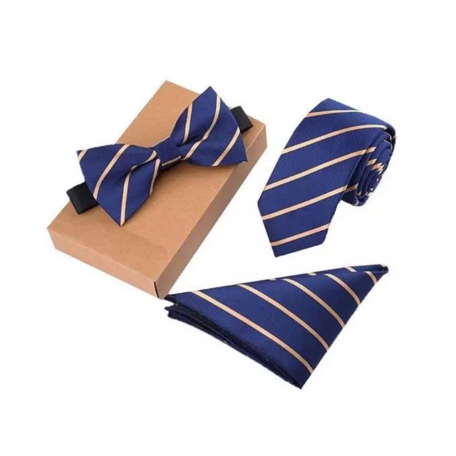 Set Cà vạt 6cm xanh đen kẻ sọc, Nơ đeo cổ và khăn cài áo vest