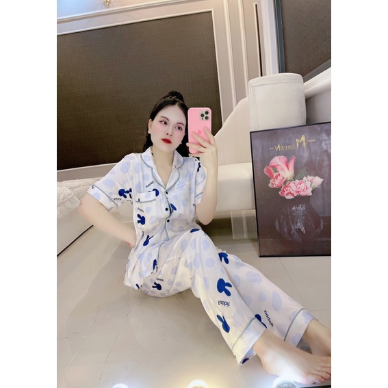 Đồ bộ Pyjama chất liệu vải lụa xước freesize dưới 60kg, tay ngắn – quần dài, họa tiết xinh xắn