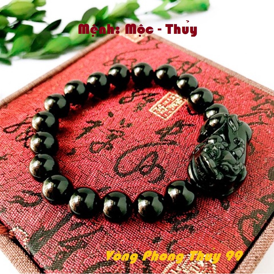 Vòng Phong Thủy Tỳ Hưu Đá, Vòng tay Đá Mã Não Đen mệnh Mộc, Thủy mix Tỳ Hưu Đá
