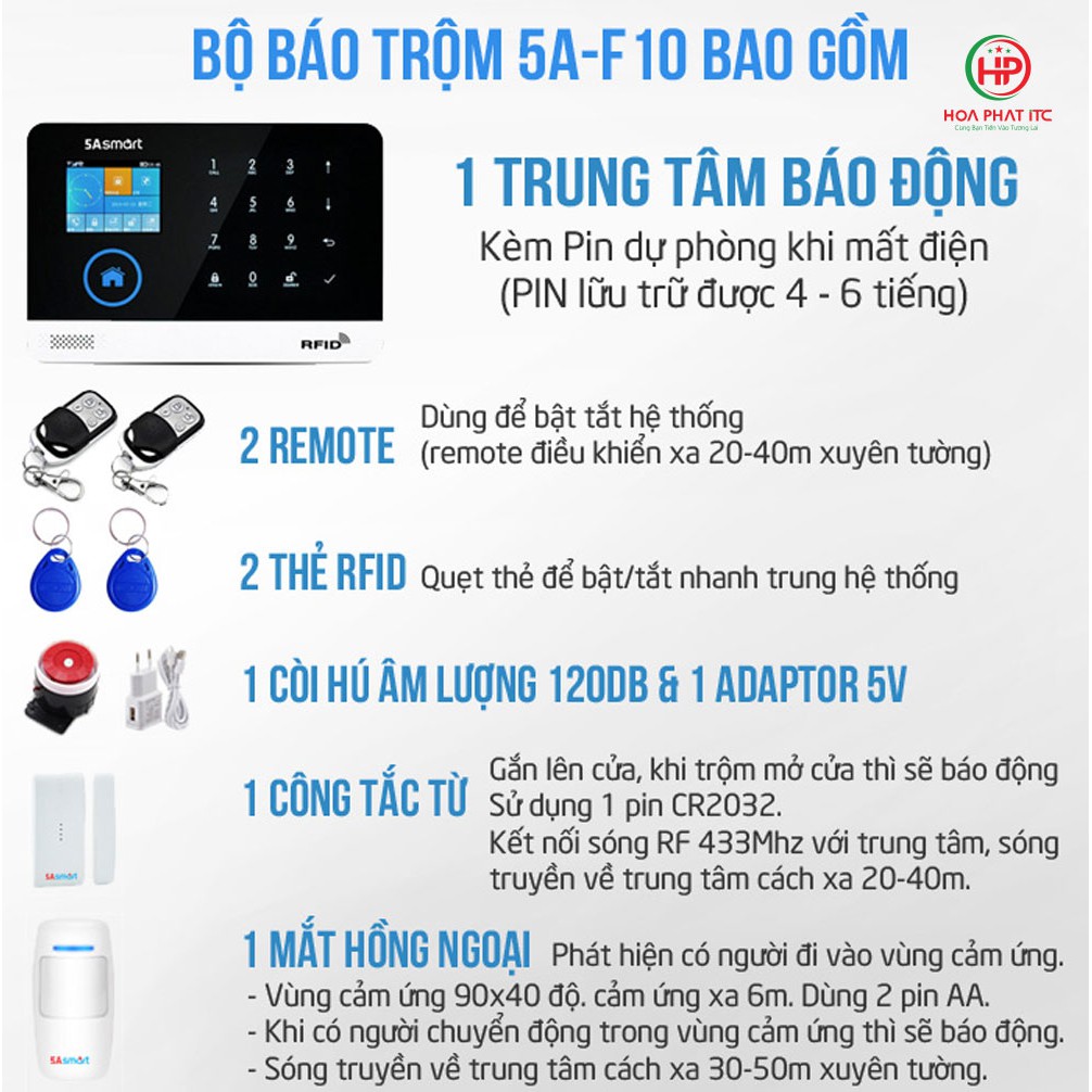 [CHÍNH HÃNG] Bộ chống trộm trung tâm dùng sim và wifi 5A Smart 5A-F10, Báo trộm qua điện thoại, gọi điện, nhắn tin