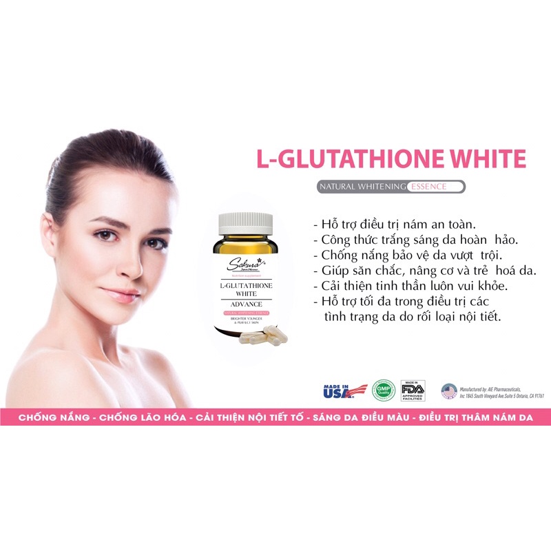 Viên uống chống nắng trắng da Sakura L- Glutathione White Advance (giảm sạm nám, nhăn da, lão hoá từ bên trong) usa mỹ