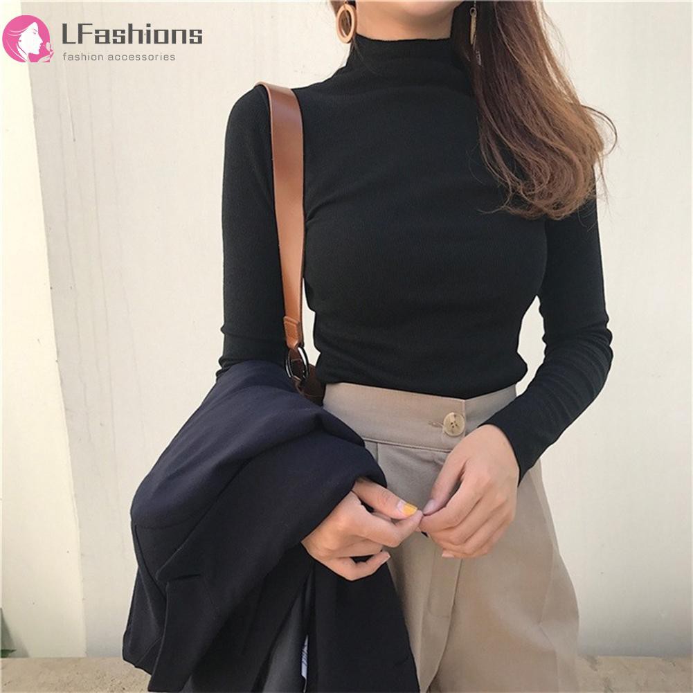 Áo thun tay dài cổ cao màu trơn thời trang cho nữ