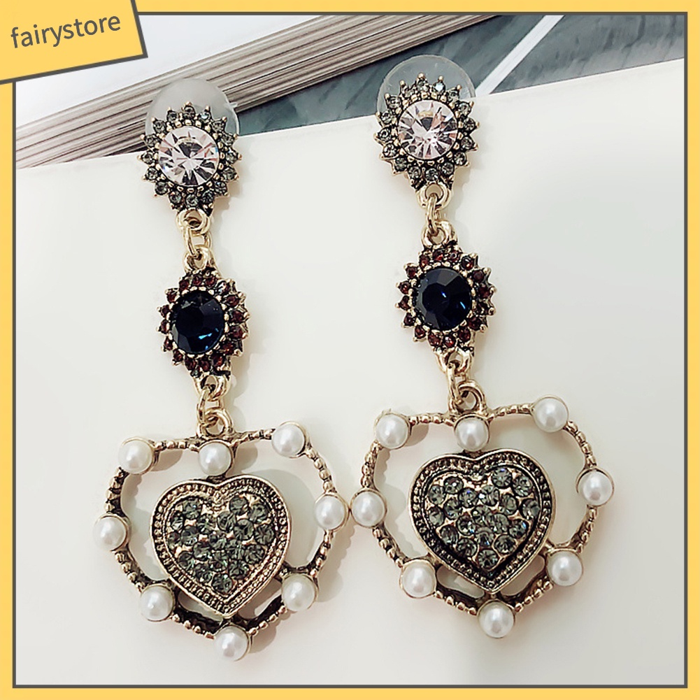 Bông tai dáng dài đí́nh hạt pha lê giả phong cách cổ điển