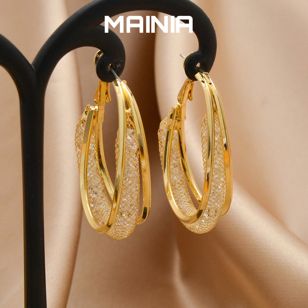 Bông Tai Mạ Bạc S925 Hình Tròn Phối Lưới Đơn Giản Sang Chảnh Thanh Lịch Dự Tiệc Mainia Shop