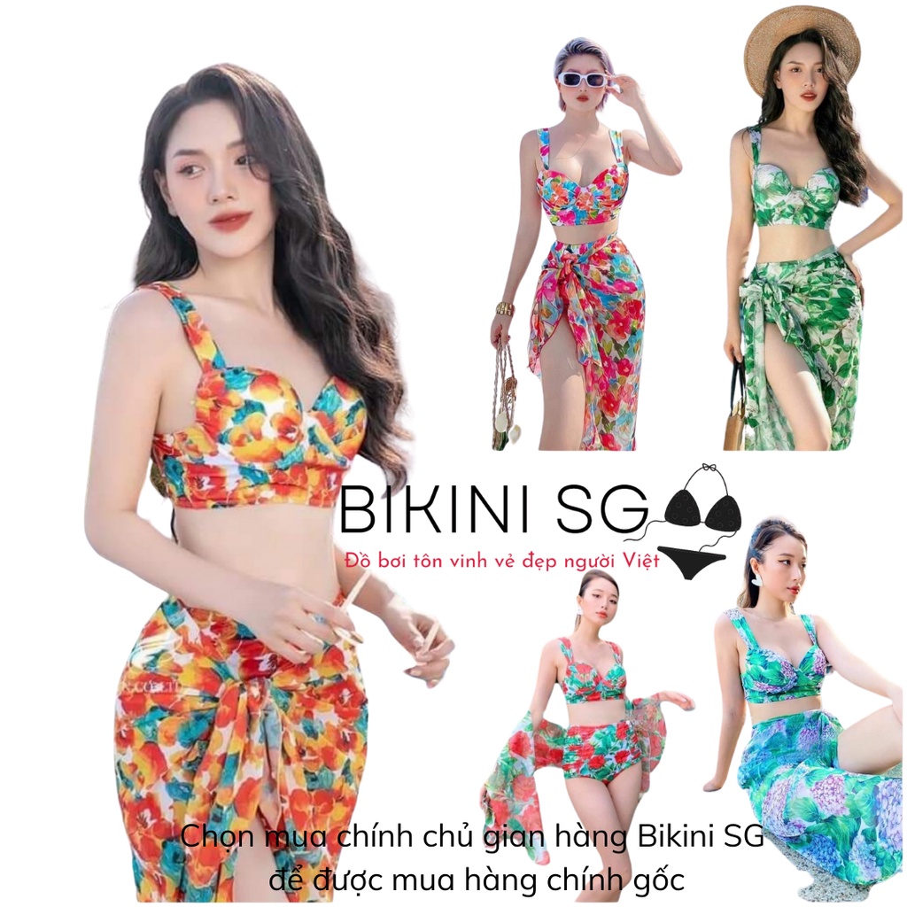 Đồ bơi áo tắm bikini 2 mảnh lưng cao kèm khăn von hoa màu sắc sặc sỡ áo mút dày độn nâng ngực đi biển đẹp