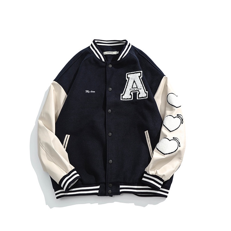 Áo khoác bomber họa tiết chữ A Varsity Jacket vải nỉ, áo bomber bóng chày nam nữ unisex form rộng