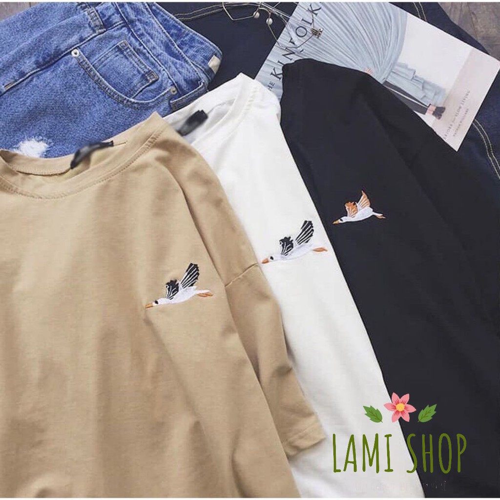 Áo thun Unisex Tay Lỡ Hình Con Hạc thêu siêu đẹp